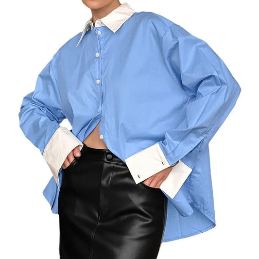 Blue long sleeve shirt with white collar and cuffs