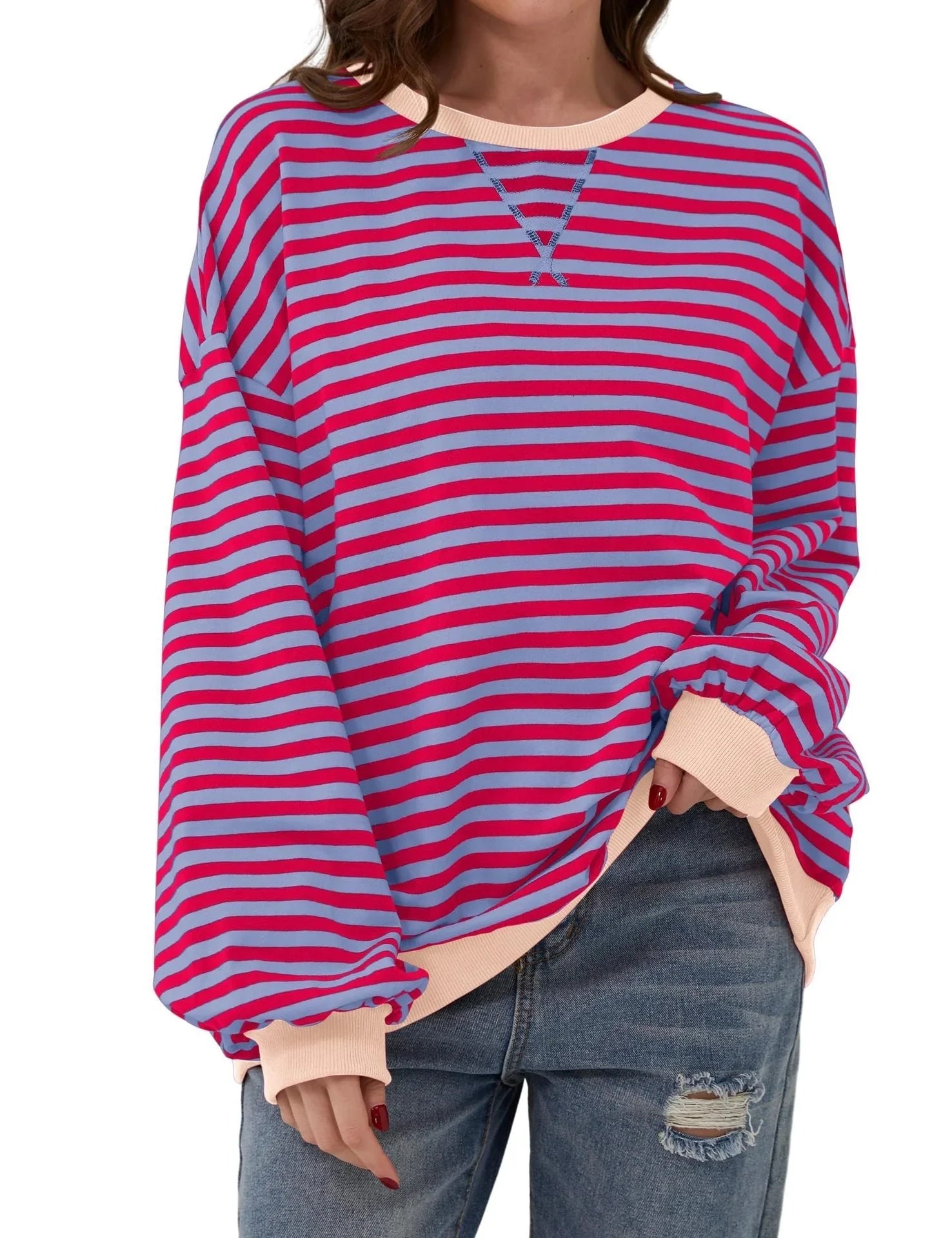 Simple new striped round-neck trendy long-sleeve pullover color-block T-shirt for home and casual wear - Johns Direct