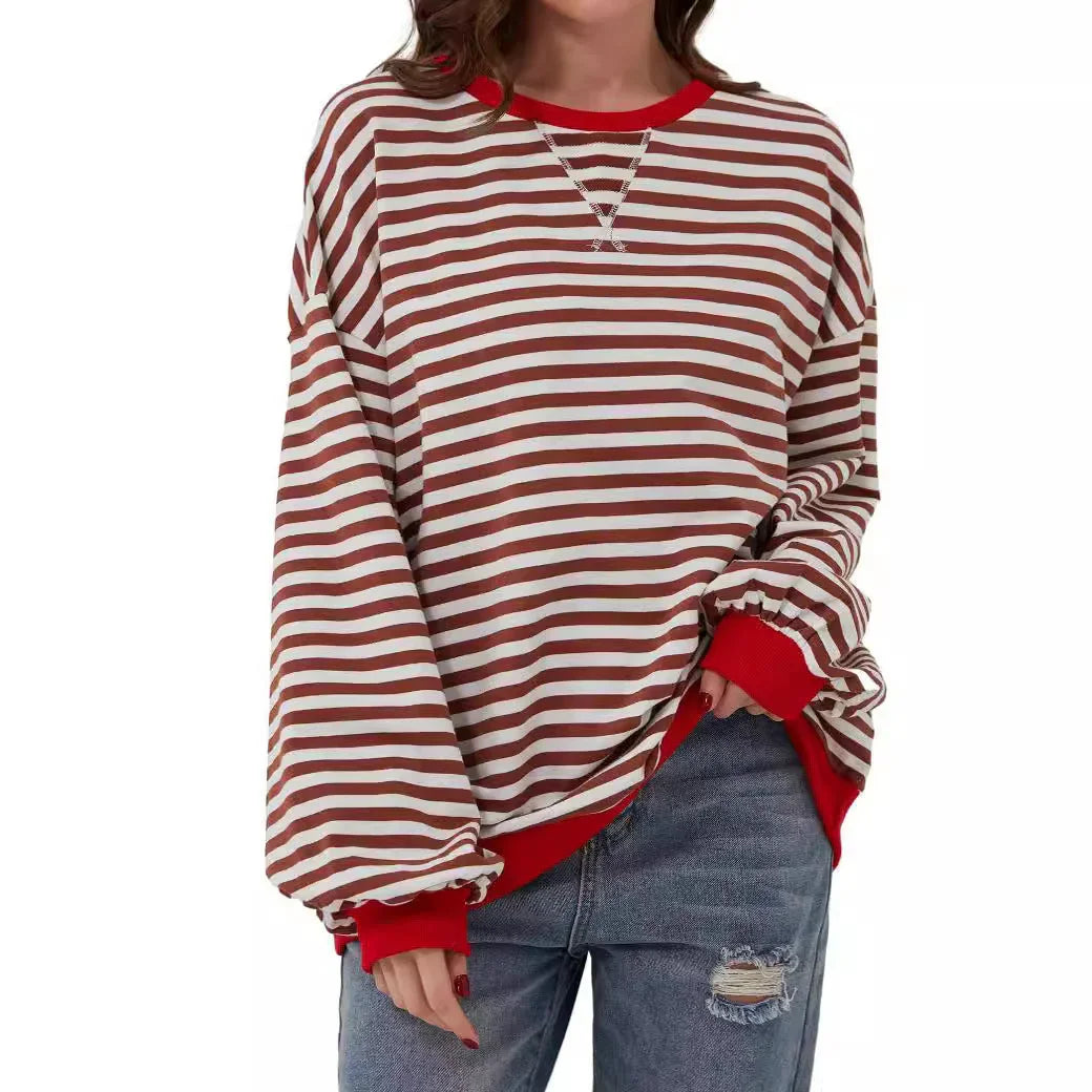 Simple new striped round-neck trendy long-sleeve pullover color-block T-shirt for home and casual wear - Johns Direct