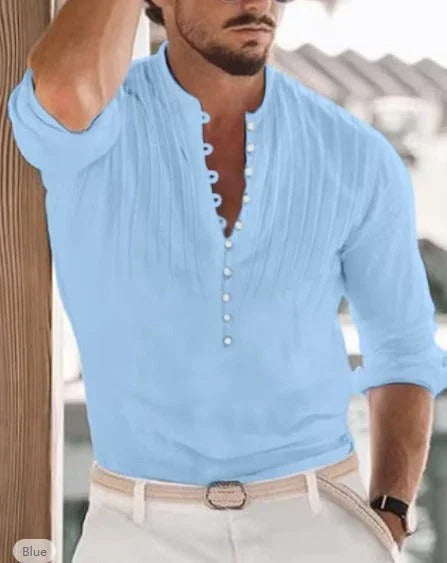 Blue men's casual cotton linen standing collar shirt