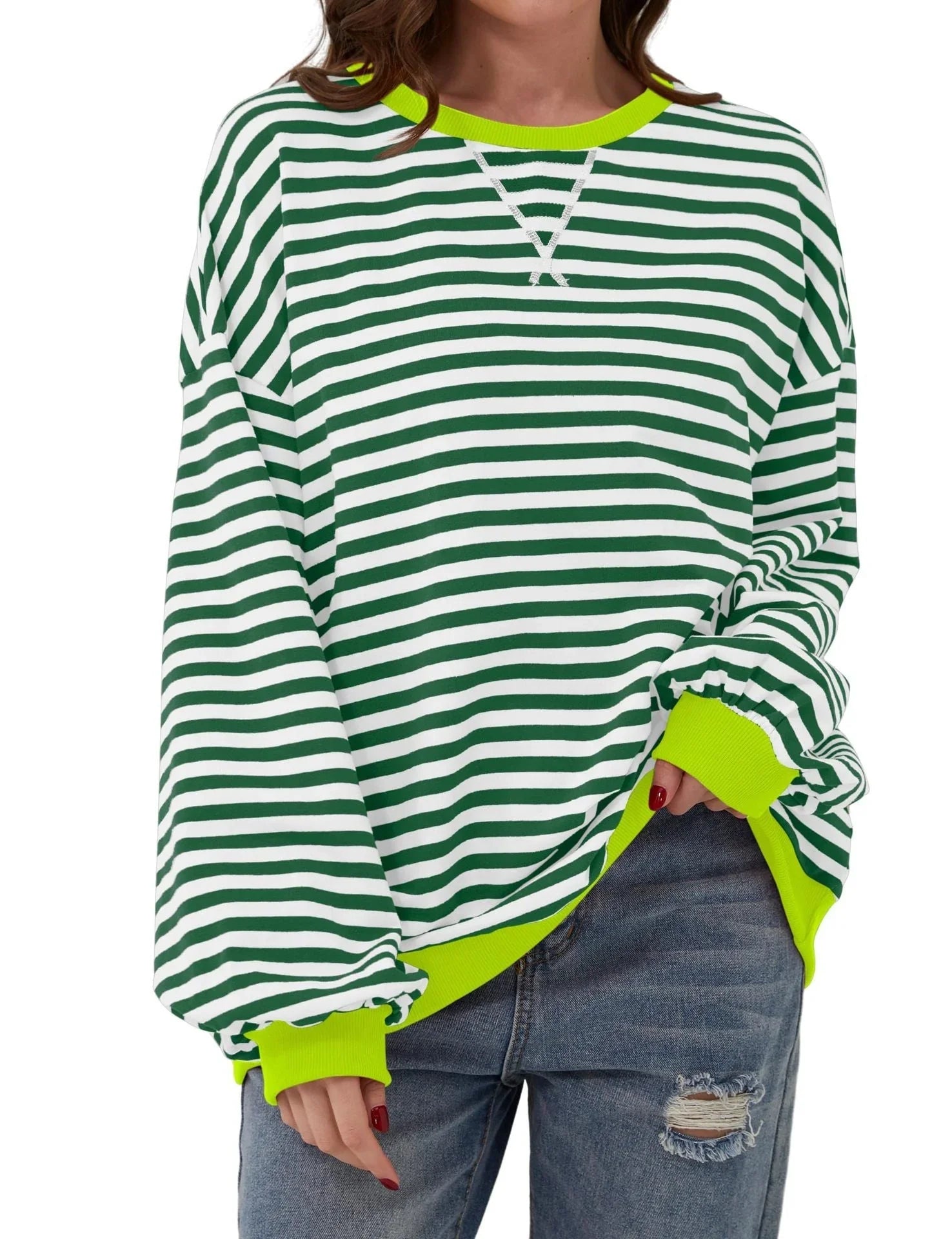 Simple new striped round-neck trendy long-sleeve pullover color-block T-shirt for home and casual wear - Johns Direct