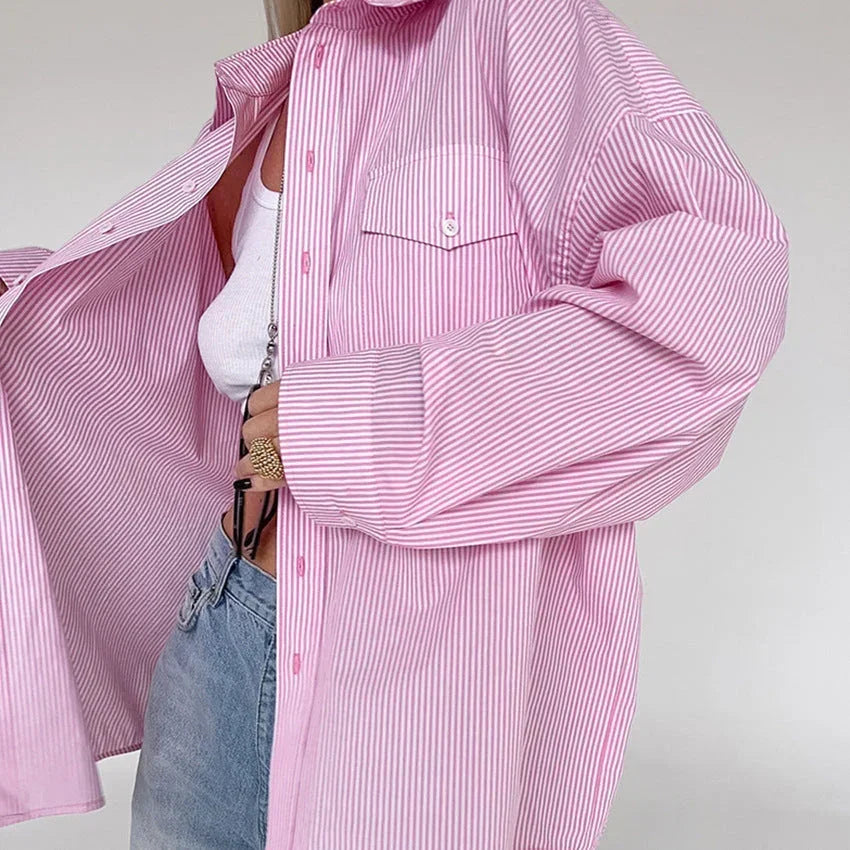 Pink striped long sleeve casual shirt for women