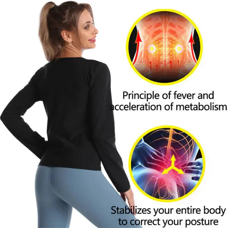 Women’s black long-sleeve yoga top for posture support