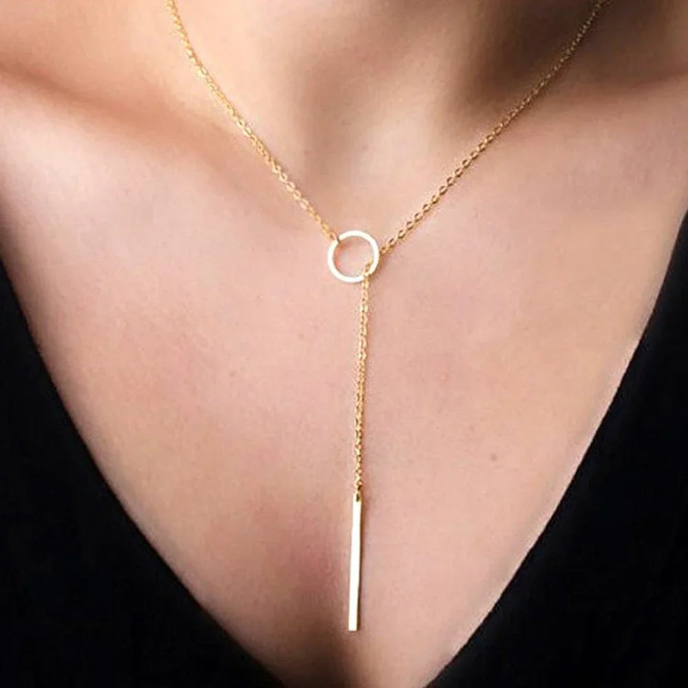 Women Accessories Hot Fashion Gold Silver Metal Chain Bar Circle Lariat Necklace Long Strip Pendant Necklaces Jewelry - Johns Direct