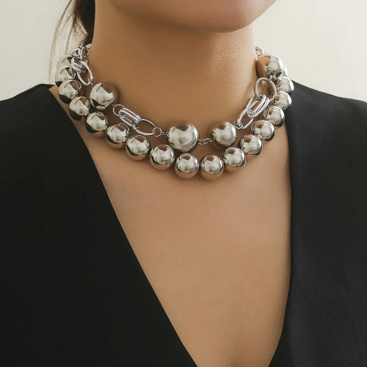 Creative. style round bead double layered necklace necklaces with exaggerated metal chains - Johns Direct