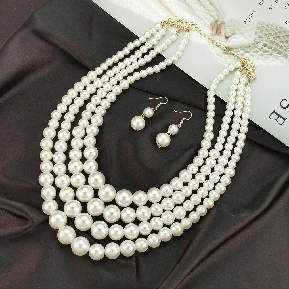 Layered Imitation Pearl Necklaces Sets For Women Handmade Beaded Chain Necklace Earrings Fashion Jewelry Set Charm Accesories - Johns Direct