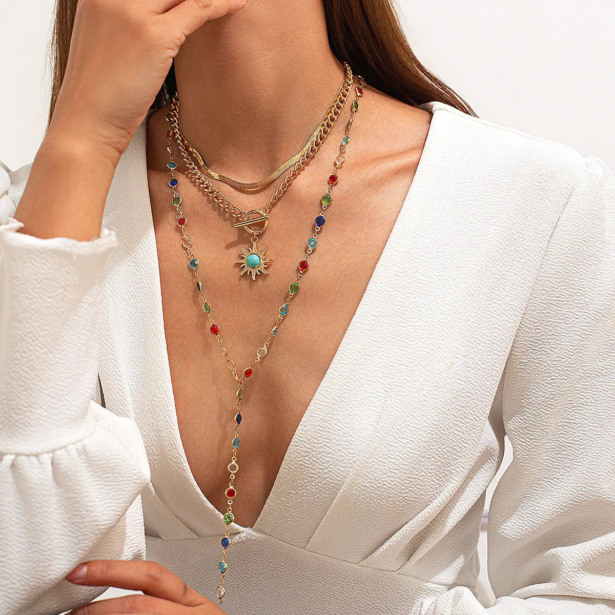 Sunflower colored crystal chain necklace, sweet and flowing Su alloy multi-layer collarbone chain - Johns Direct