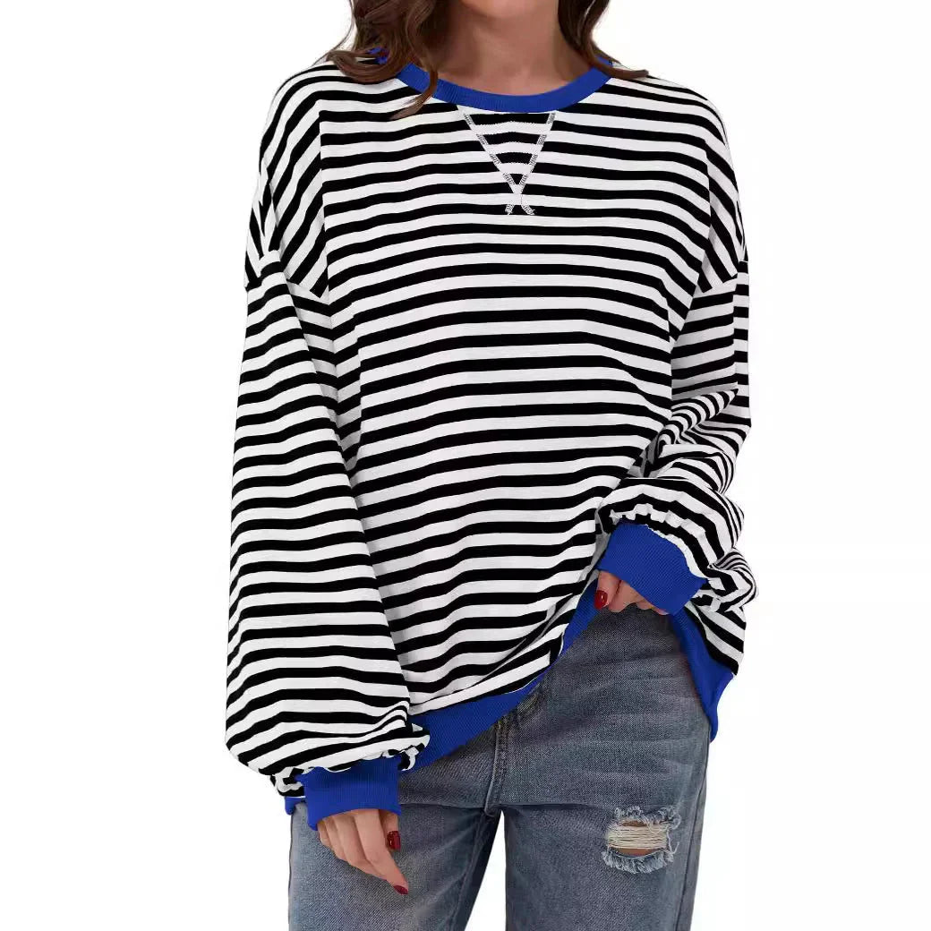 Simple new striped round-neck trendy long-sleeve pullover color-block T-shirt for home and casual wear - Johns Direct
