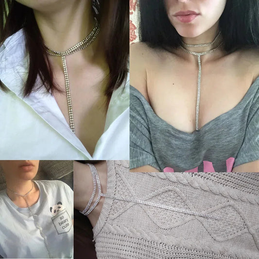 Rhinestone Double Choker Necklaces Lariat Chain Pendant 90s Collier Women Chocker Statement Maxi Collar Wedding Jewellery - Johns Direct