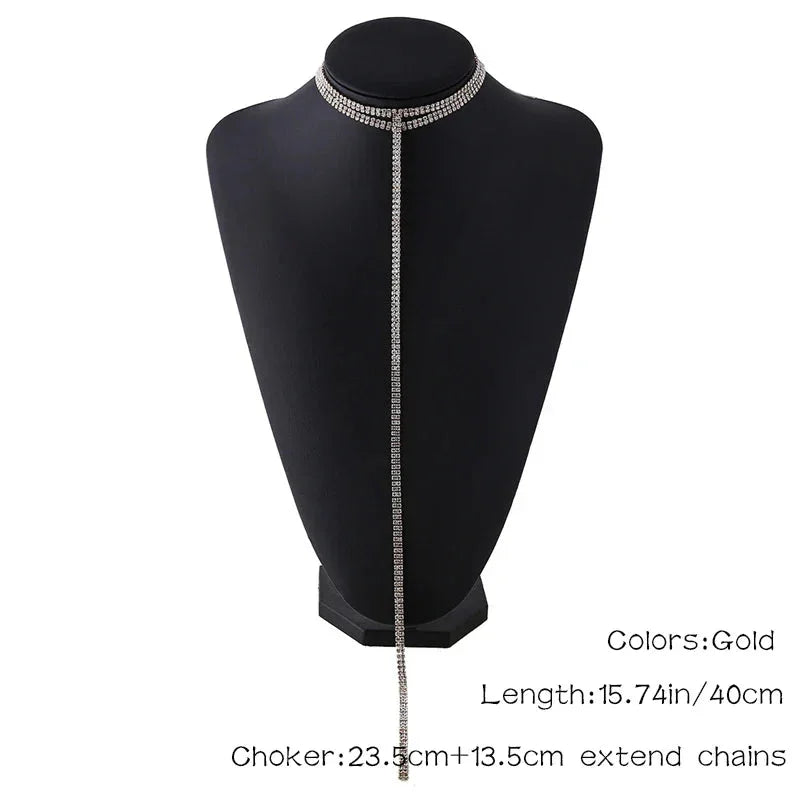 Rhinestone Double Choker Necklaces Lariat Chain Pendant 90s Collier Women Chocker Statement Maxi Collar Wedding Jewellery - Johns Direct