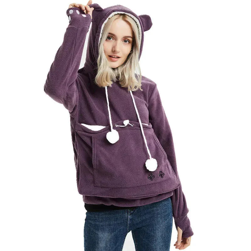 Purple pet carrier hoodie with bear ears and paw prints