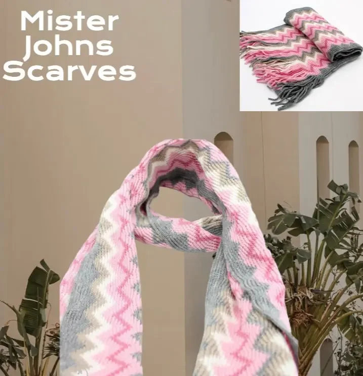Multicoloured curvy striped unisex scarf with tassels