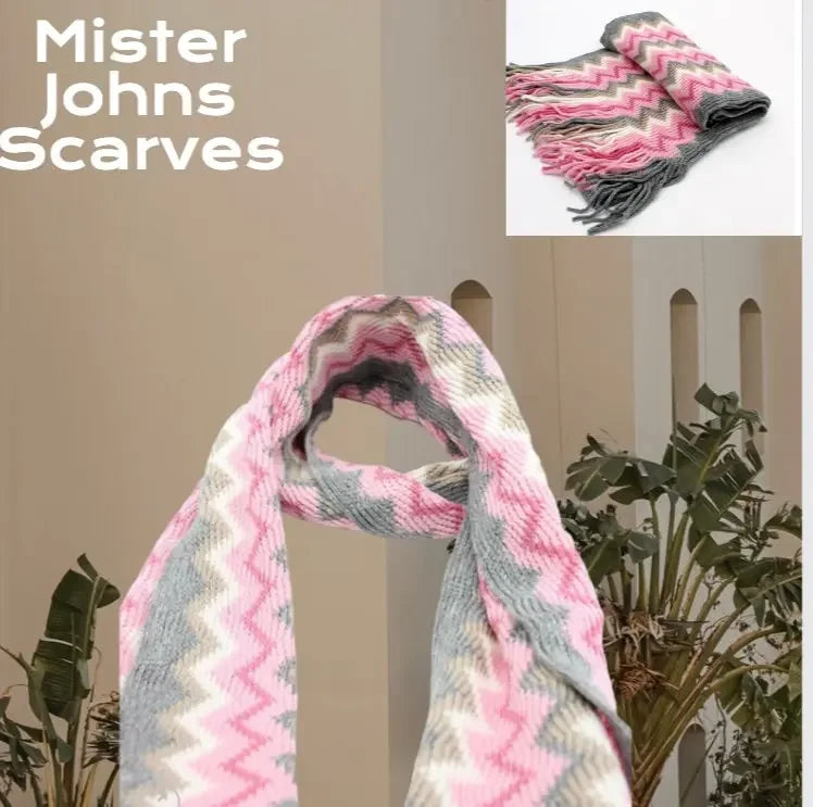 Multicoloured curvy striped unisex scarf with tassels