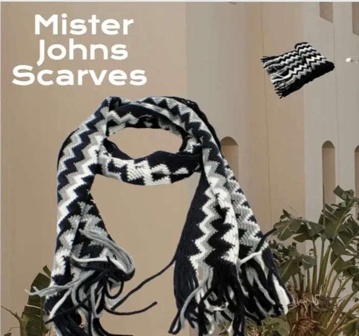 Black and white zigzag striped unisex scarf with tassels