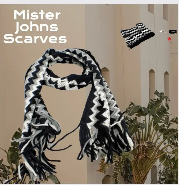 Black and white zigzag striped scarf with tassels