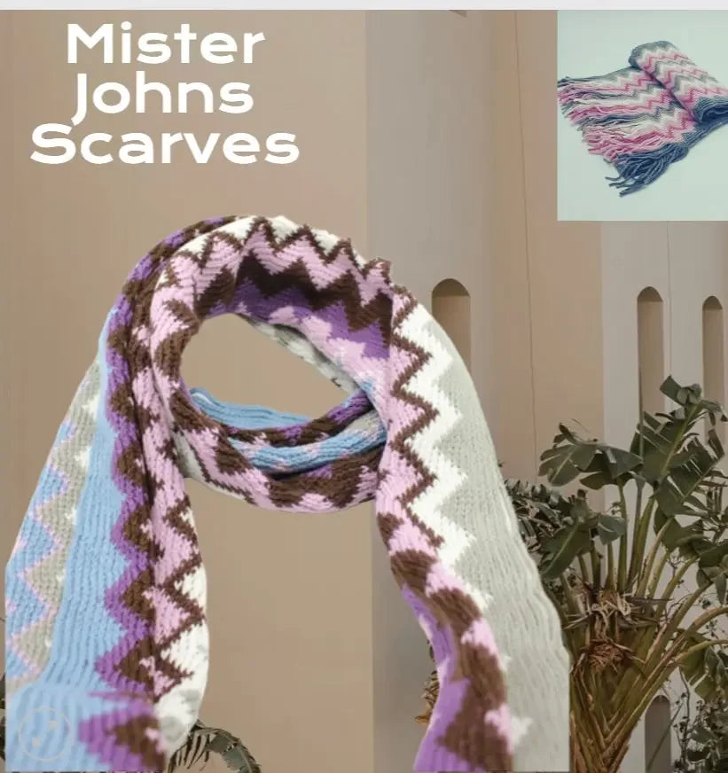 Multicoloured zigzag striped unisex scarf with tassels