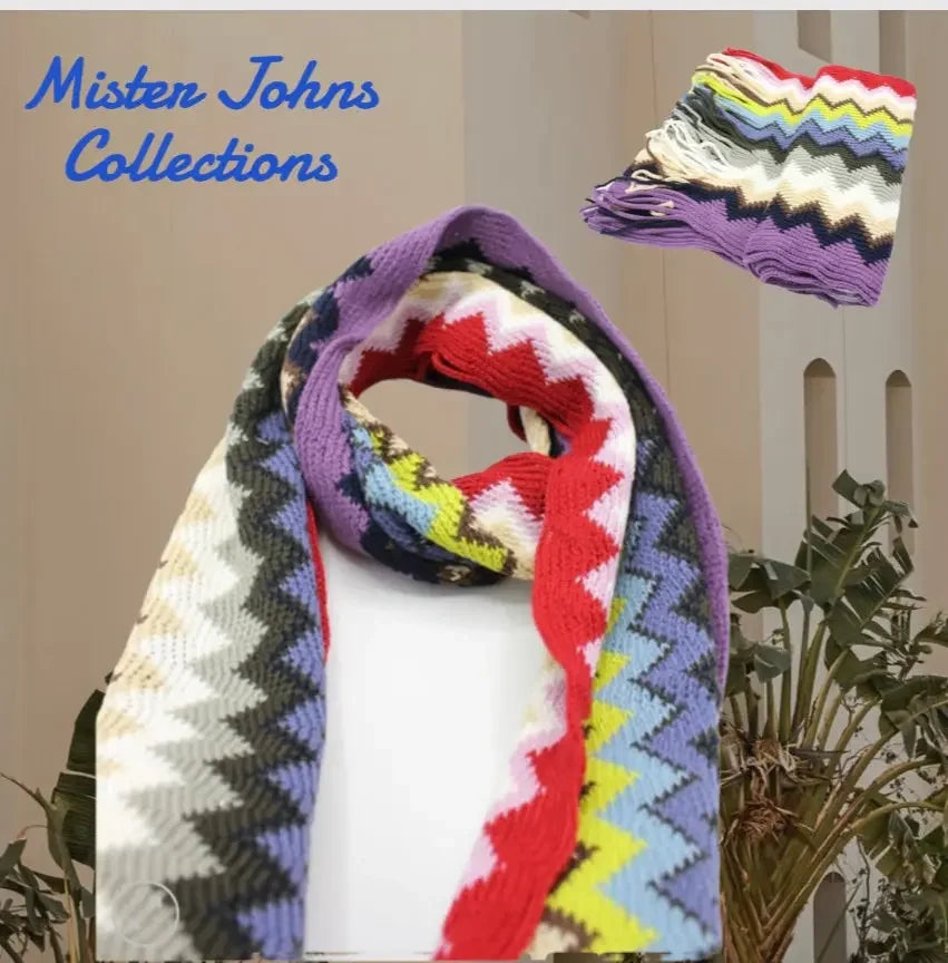 Multicolored zigzag striped unisex scarf with tassels
