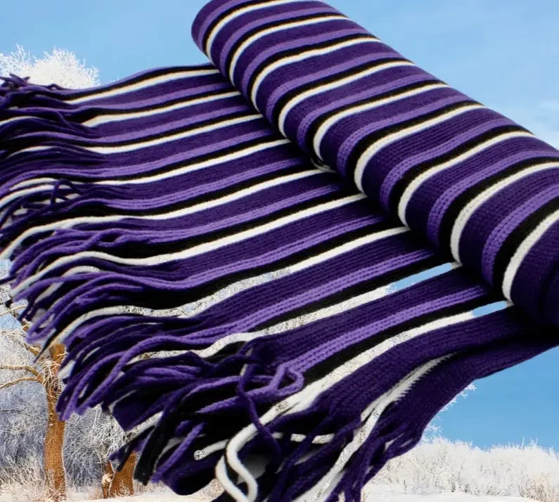 Purple striped knit fashion scarf with fringes