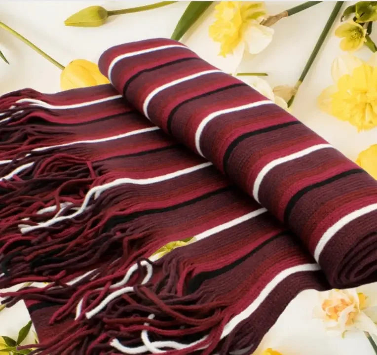 Red striped warm unisex fashion scarf with fringe