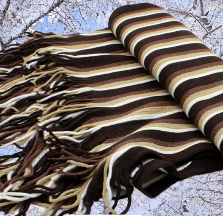 Striped brown warm unisex fashion scarf with fringes