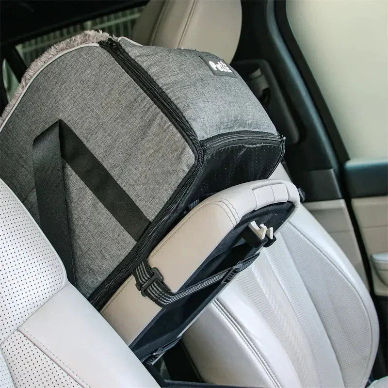 Gray pet car seat bed and travel carrier on car seat