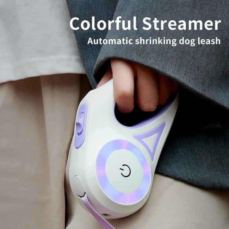 Purple automatic retractable dog leash in hand