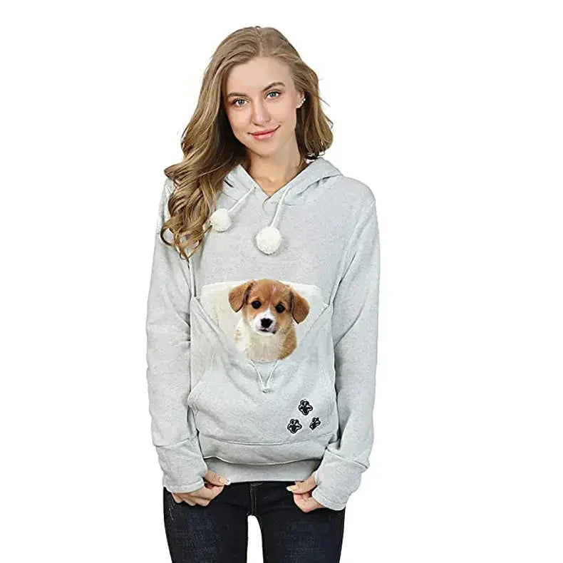 Gray pet carrier hoodie with puppy in front pocket