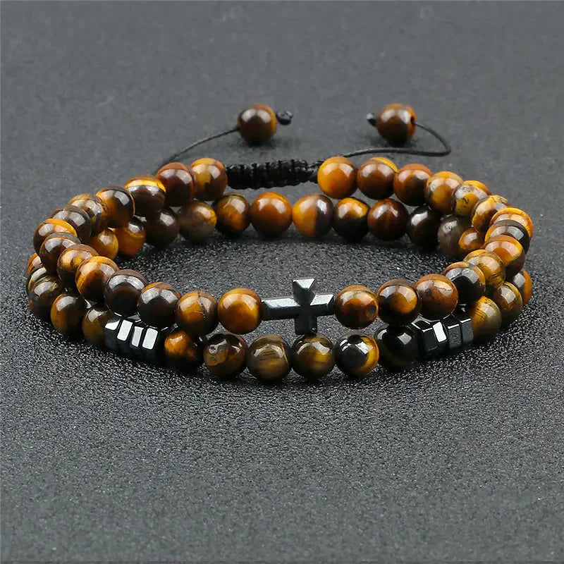 Tiger Eye Stone Beaded Bracelet with Cross Pendant - Johns Direct