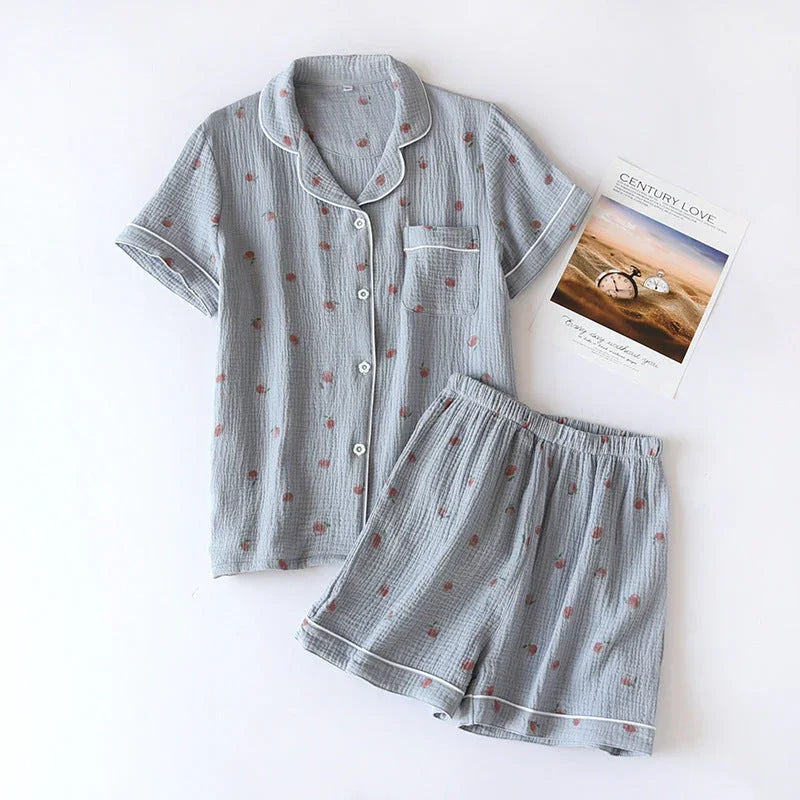 Gray cotton short-sleeve pajamas with flower print