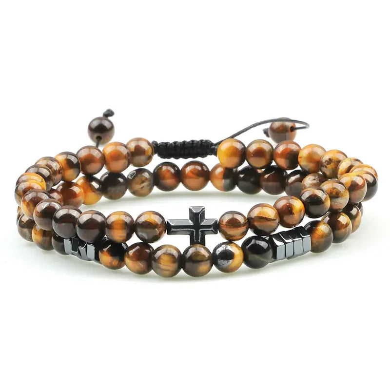 Tiger Eye Stone Beaded Bracelet with Cross Pendant - Johns Direct