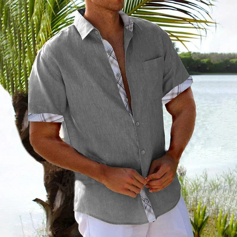 Men's gray short sleeve shirt with plaid trim