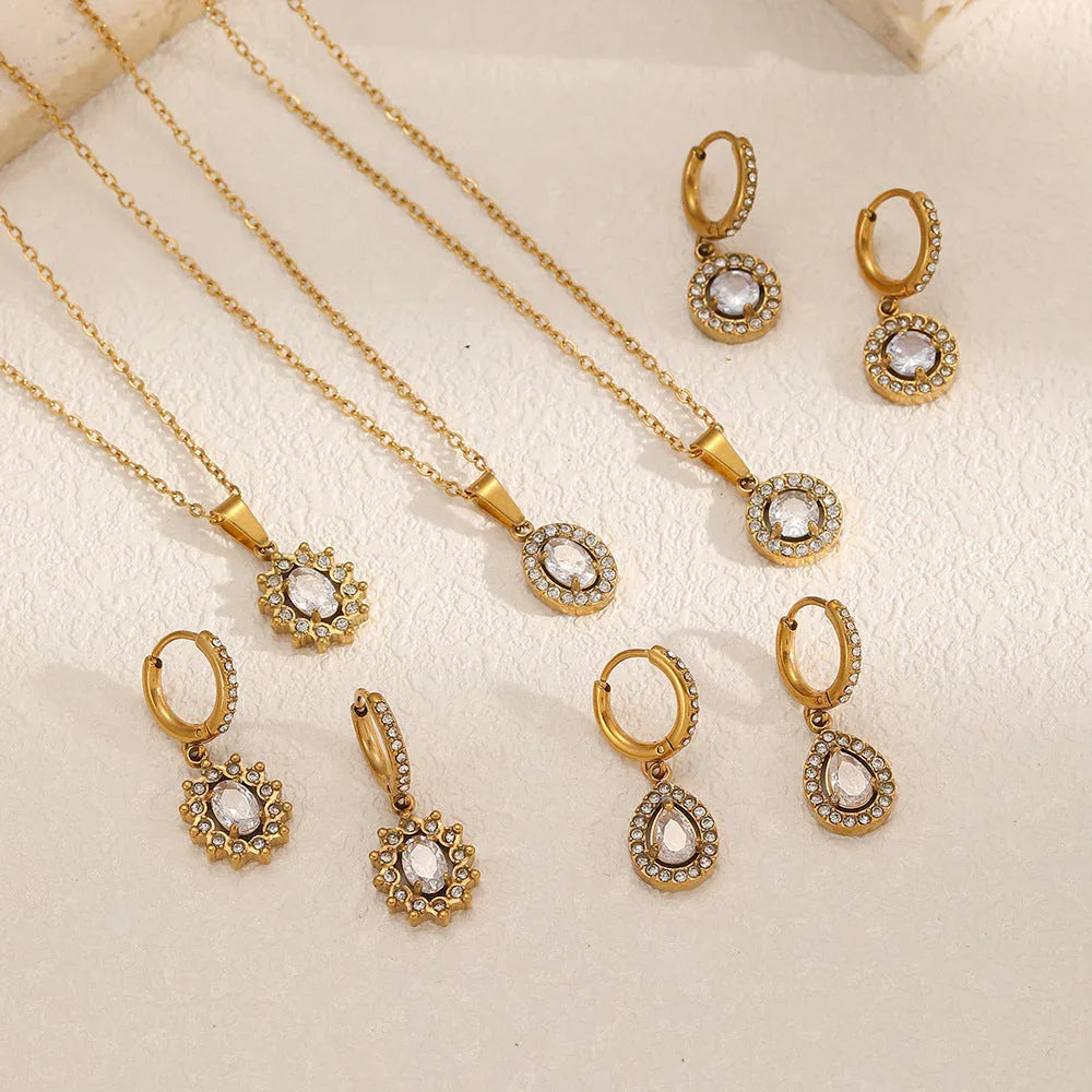 Red Style Light Luxury Rhinestone Zircon Stainless Steel Necklace Women's High-grade Earrings - Johns Direct