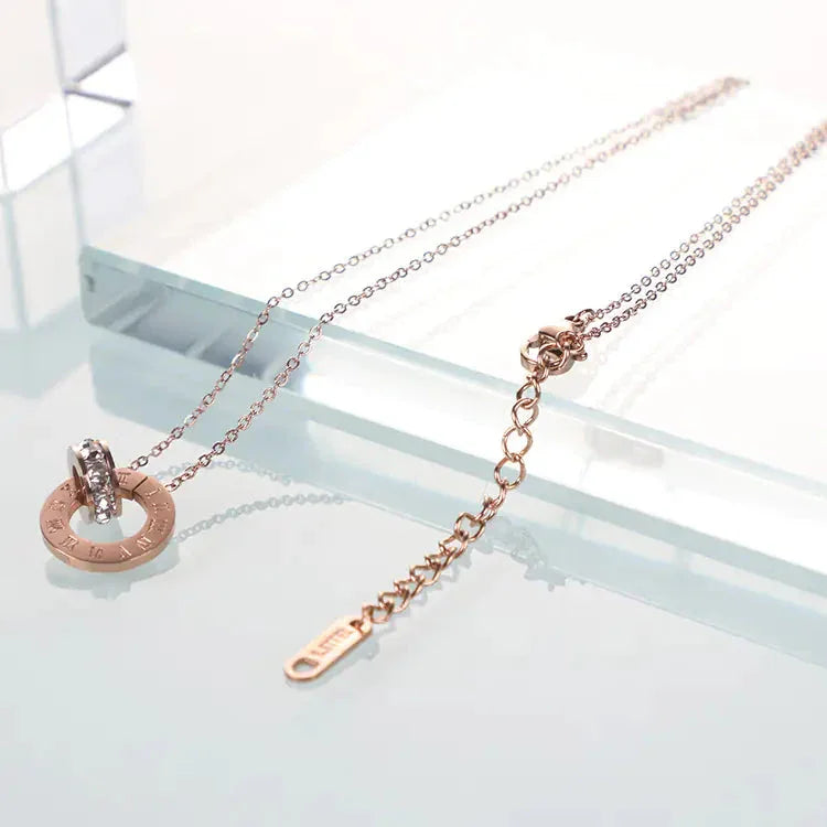 18K Rose Gold Titanium Steel Diamond Ring Necklace - Johns Direct