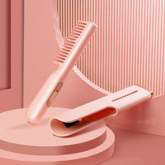 2 In 1 Wireless Straight Hair Comb Portable USB Charging Negative -Ion Smoothing Straightener Curling Comb Hair Brush - Johns Direct
