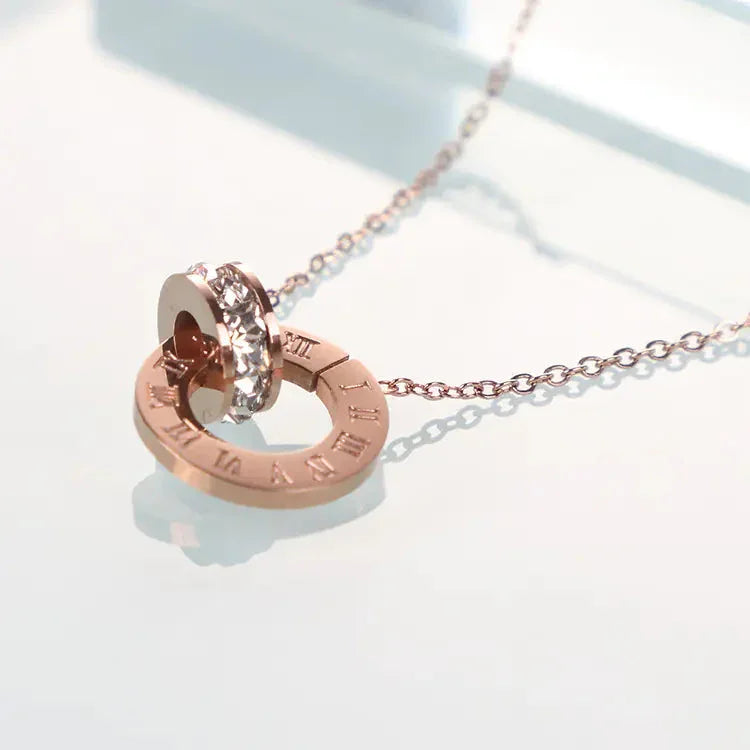 18K Rose Gold Titanium Steel Diamond Ring Necklace - Johns Direct