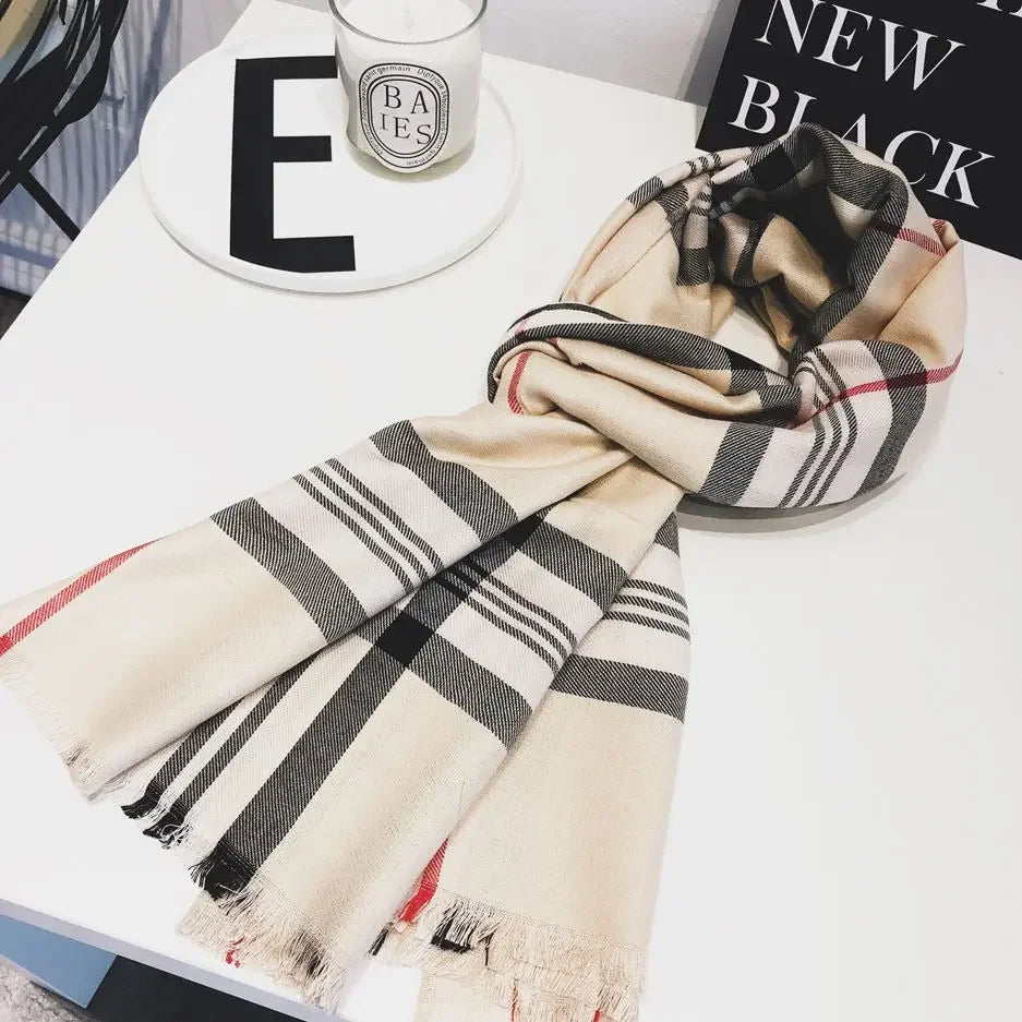 Soft warm stylish checked beige fashion scarf