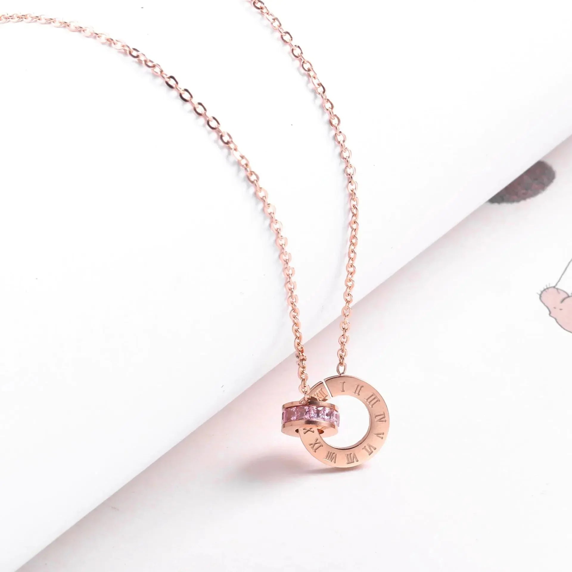 18K Rose Gold Titanium Steel Diamond Ring Necklace - Johns Direct