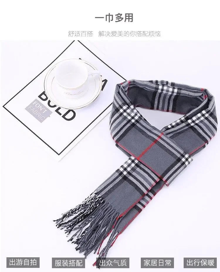 Soft warm checked grey fashion scarf with fringes