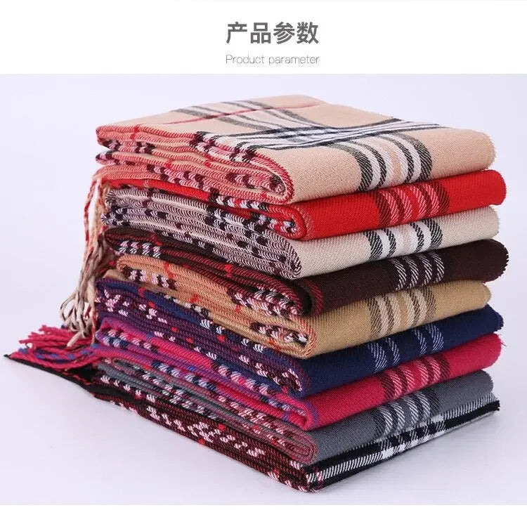 Stack of soft warm stylish checked scarves