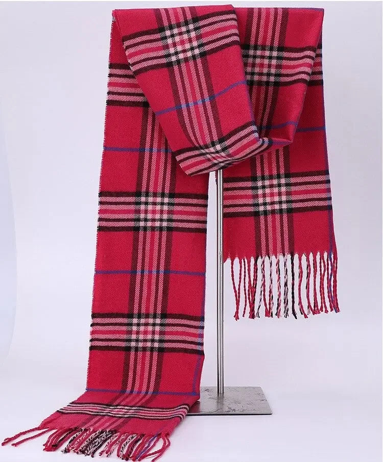Red checked soft warm fashion scarf with fringes
