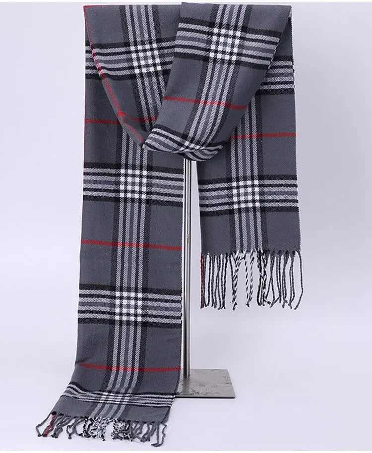 Gray checked warm stylish scarf with fringes