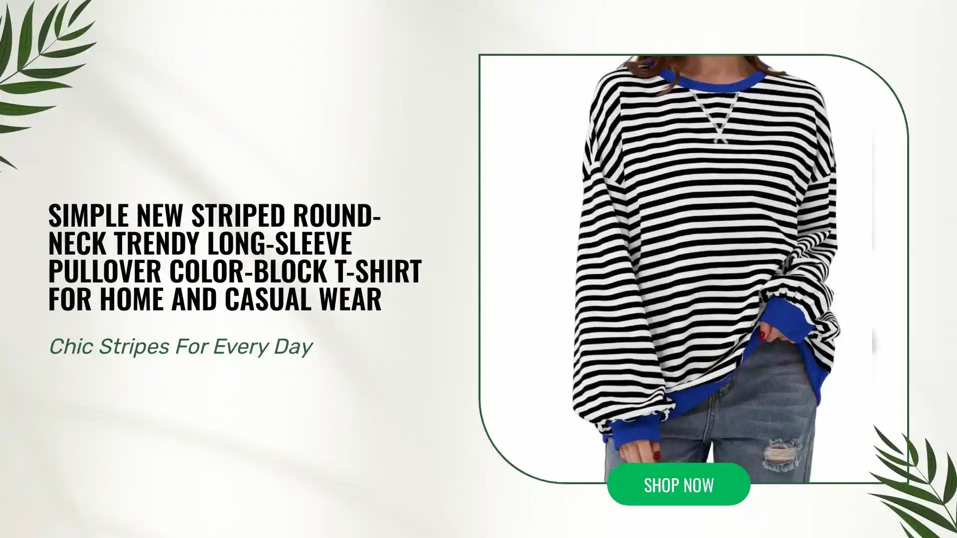 Simple new striped round-neck trendy long-sleeve pullover color-block T-shirt for home and casual wear by@Outfy