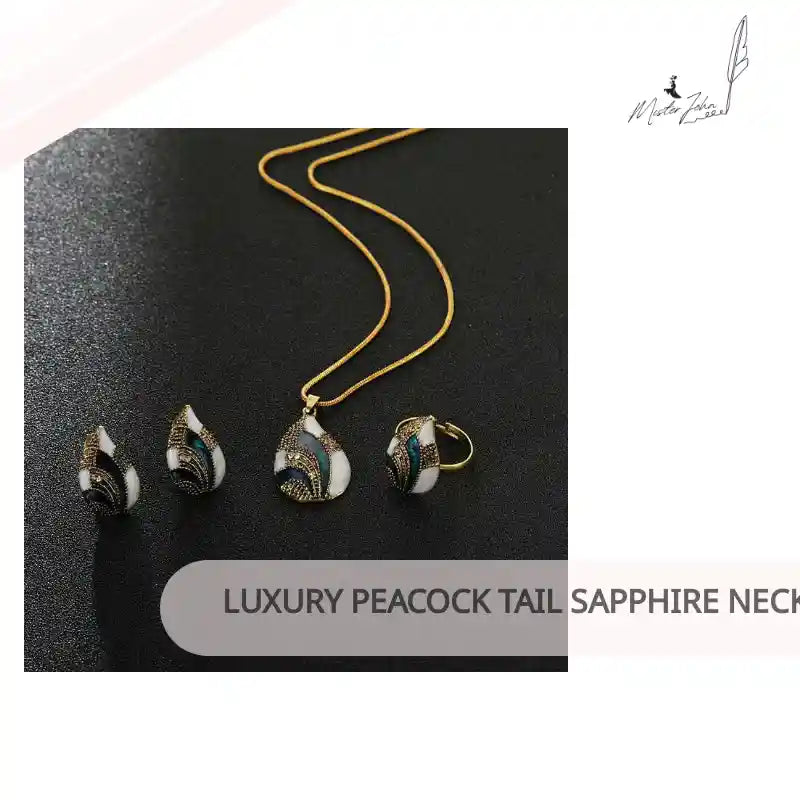 Luxury Peacock Tail Sapphire Necklace Earring Ring Set by@Outfy