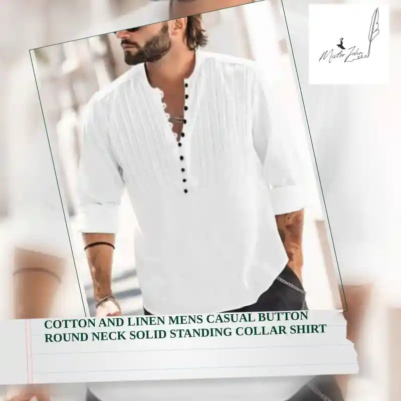 Cotton and Linen Mens Casual Button Round Neck Solid Standing Collar Shirt by@Outfy