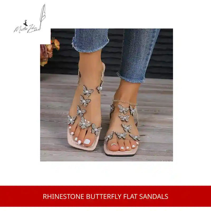 Rhinestone Butterfly Flat Sandals by@Outfy