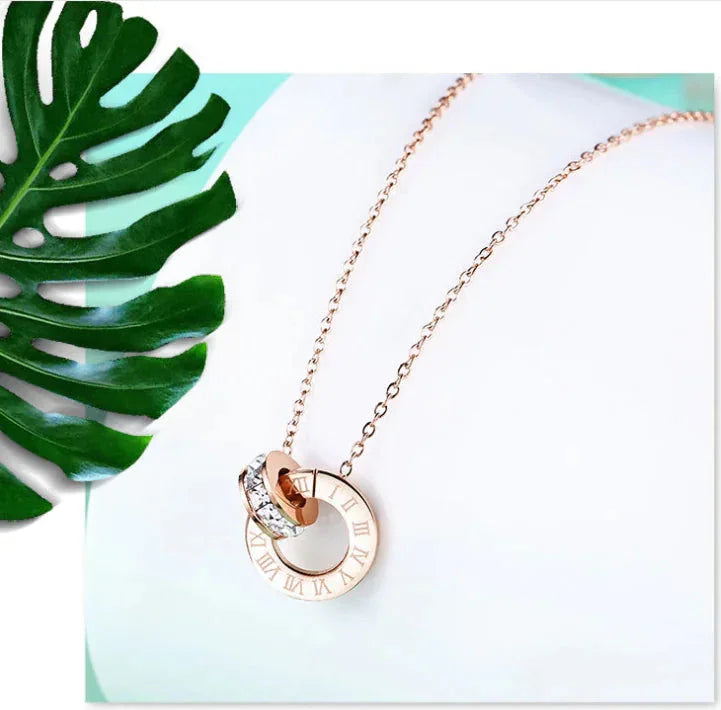 18K Rose Gold Titanium Steel Diamond Ring Necklace - Johns Direct