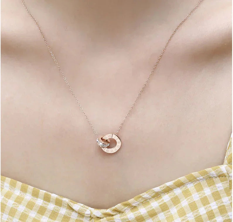 18K Rose Gold Titanium Steel Diamond Ring Necklace - Johns Direct