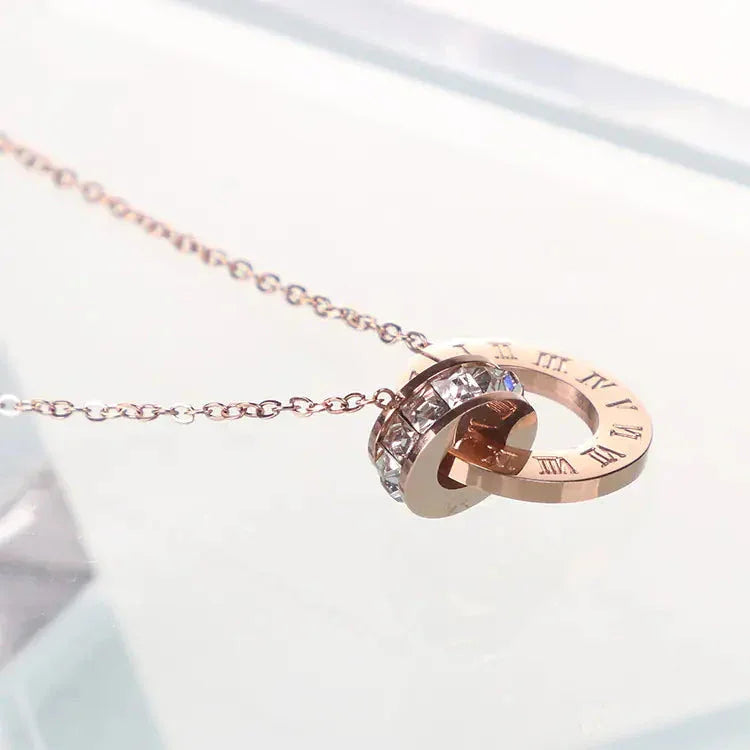 18K Rose Gold Titanium Steel Diamond Ring Necklace - Johns Direct