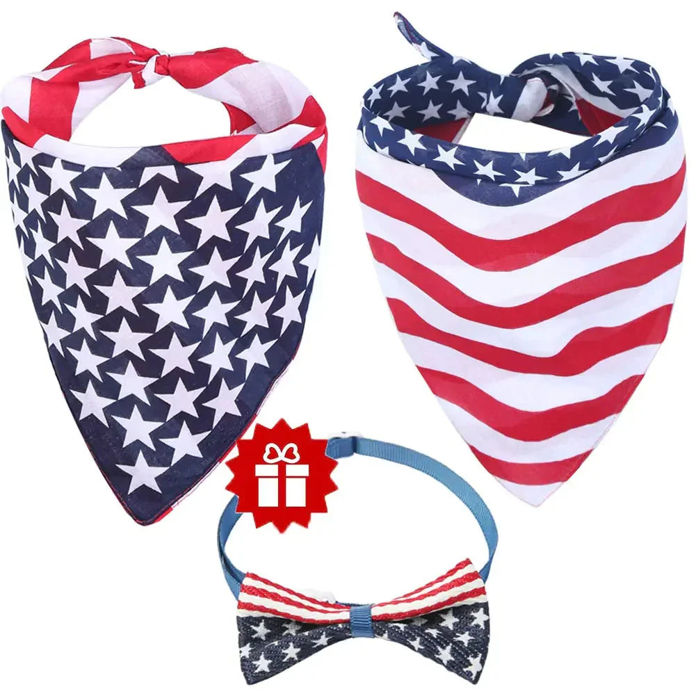 Set of American flag dog bandanas and bow tie collar